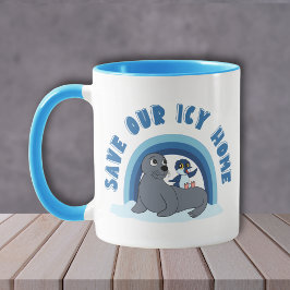 A seal and a penguin "Save Our Icy World" cartoon Mok