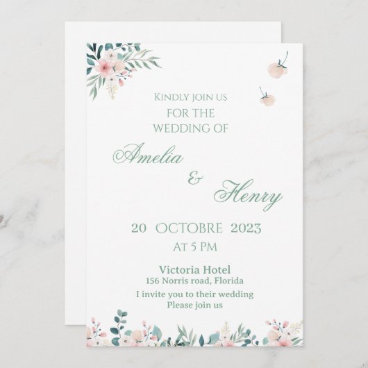 A simple watercolor wedding invitation card kaart (Voorkant / Achterkant)