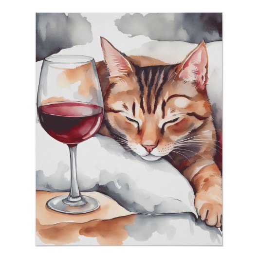 A Sleeping Cat And Red Wine Glass, Cat Lover Perfect Poster (Voorkant)