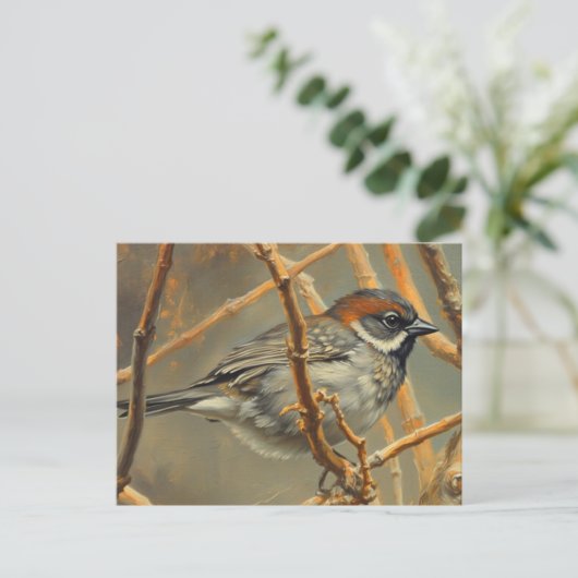 A sparrow, resting, sits on a bush branch briefkaart (Staand voorkant)