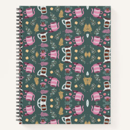 A spiral-bound notebook with a festive pattern notitieboek