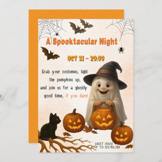 A Spooktacular Night | Ghost & Pumpkin Halloween Kaart (Voorkant / Achterkant)