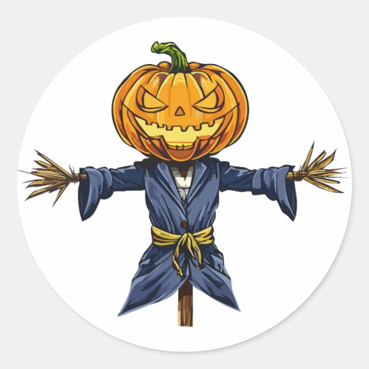 A spooky Halloween scarecrow with a glowing pumpki Ronde Sticker (Voorkant)