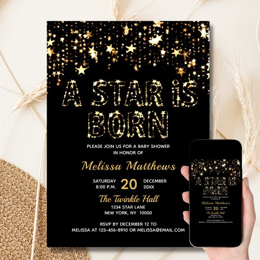 A STAR IS BORN Goud Zwart Baby shower Kaart