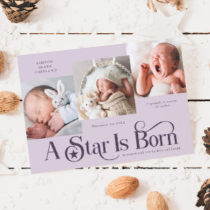 A Star is Born Paarse geboorteaankondiging Feestdagenkaart