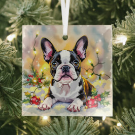 A Sweet Boston Terrier Christmas Glas Ornament