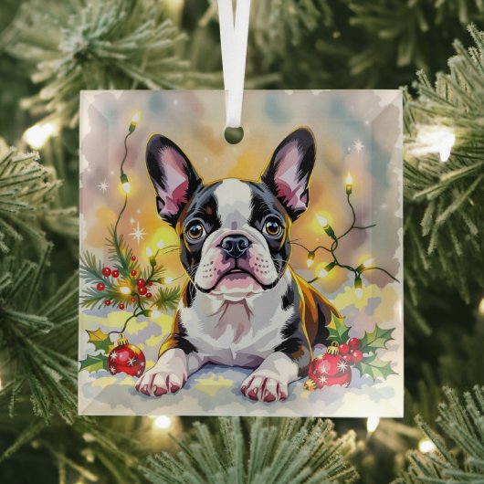 A Sweet Boston Terrier Christmas Glas Ornament (Insitu)