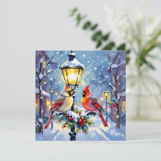 A Sweet Christmas Cardinal Couple on Lamp Post Feestdagenkaart (Staand voorkant)
