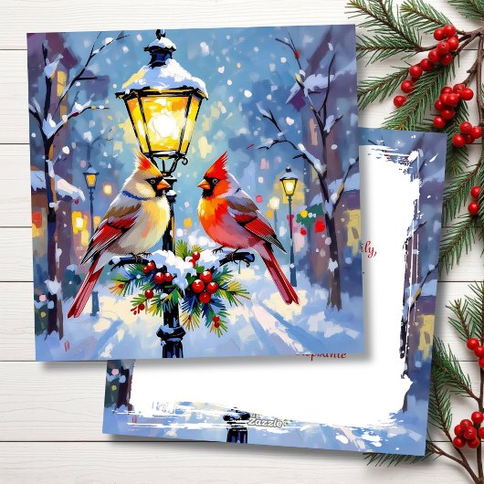 A Sweet Christmas Cardinal Couple on Lamp Post Feestdagenkaart