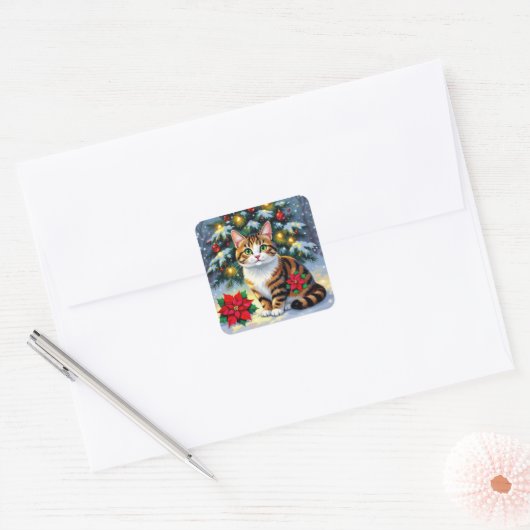 A Sweet Kitty Cat in the Snow Festive Christmas Vierkante Sticker (Envelop)