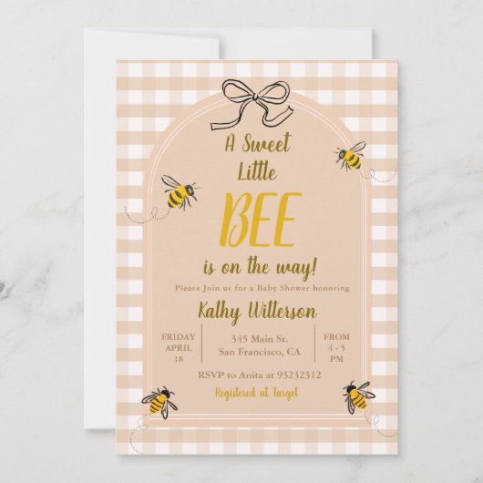 A Sweet Little Honey Bee Gingham Baby shower Kaart (Voorkant)