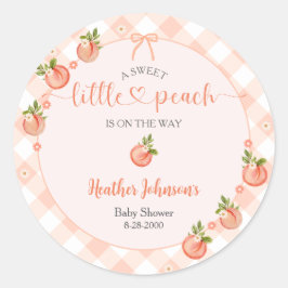 A Sweet Little Peach Gingham Baby Shower Ronde Sticker