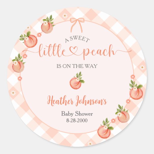 A Sweet Little Peach Gingham Baby Shower Ronde Sticker (Voorkant)