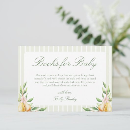 A Sweet Little Pear Baby shower Boeken voor Baby Informatiekaartje (Staand voorkant)