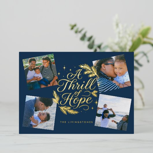 A Thrill of Hope Navy Religious 4 Photo Collage Folie Feestdagenkaart (Staand Voorkant)