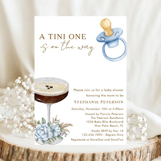 A Tini One Blue Paci Espresso Martini Baby Shower Kaart