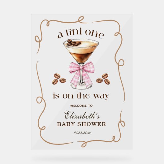 A Tini One Espresso Martini Pink Bow Baby Shower Acryl Bord (Voorkant)