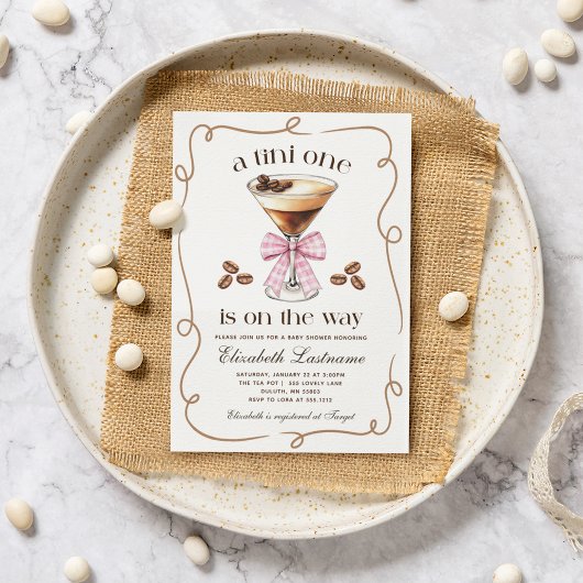 A Tini One Espresso Martini Pink Bow Baby Shower Kaart