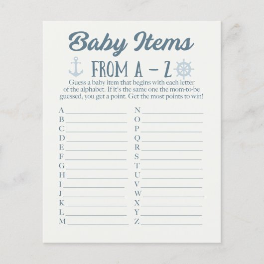 A tot Z Baby Items Nautisch Baby shower Spel Flyer (Voorkant)
