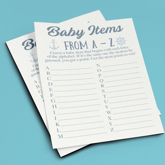 A tot Z Baby Items Nautisch Baby shower Spel Flyer