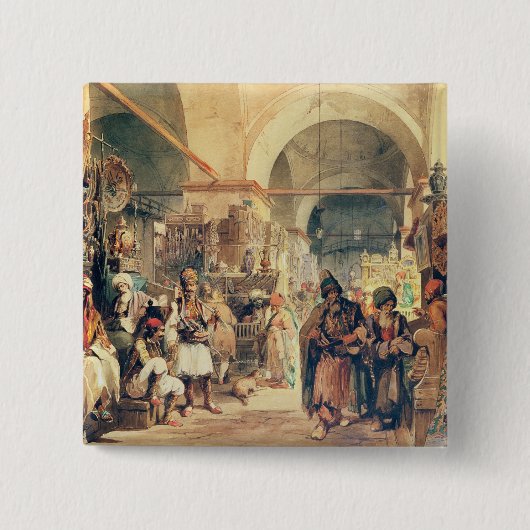 A Turkey Bazaar, 1854 (potlood & w/c op papier) Vierkante Button 5,1 Cm (Voorkant)