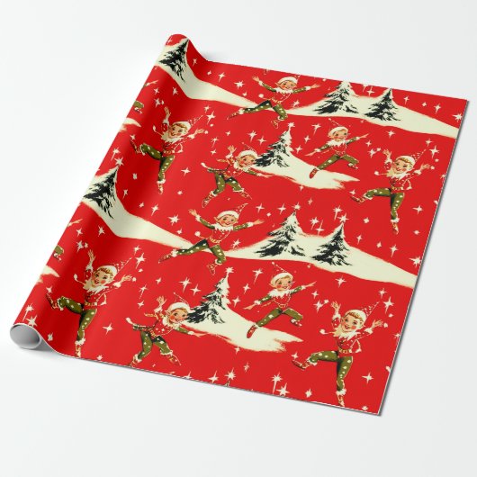 A Very Retro Merry & Bright Christmas Pixies Cadeaupapier (Uitgerold)