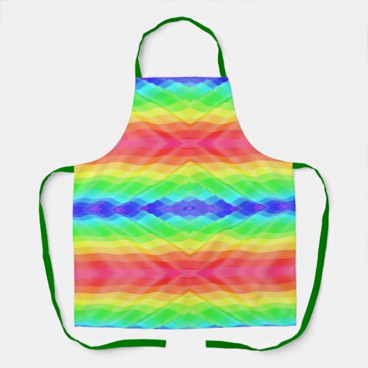 A vibrant, rainbow-patterned apron with green  schort (Voorkant)