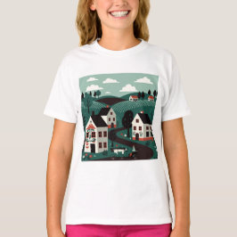 A village drawn in an illustration style t-shirt
