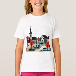 A village drawn in an illustration style t-shirt