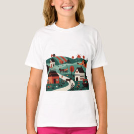 A village drawn in an illustration style t-shirt