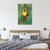 A Village Weaver calling while perched on a Reed Canvas Afdruk (Insitu (Slaapkamer))