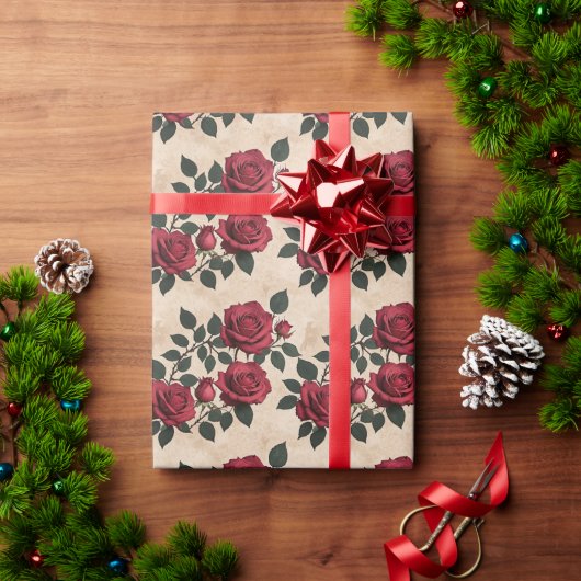A Vintage Crimson Roses  Cadeaupapier (Feestdagen Geschenken)