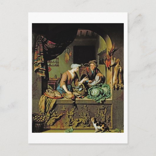 A Voman and a Fish Peddler, 1713 (olie op het pane Briefkaart (Voorkant)
