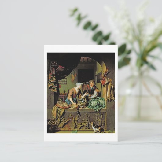 A Voman and a Fish Peddler, 1713 (olie op het pane Briefkaart (Staand voorkant)