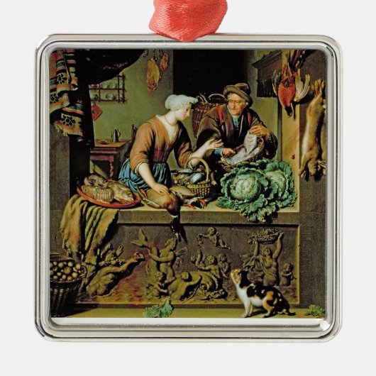 A Voman and a Fish Peddler, 1713 (olie op het pane Metalen Ornament (Voorkant)