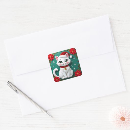 A White Festive Cat with a Christmas Background Vierkante Sticker (Envelop)