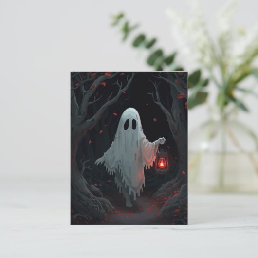 A white ghost holding a red lantern in a hamfores briefkaart (Staand voorkant)