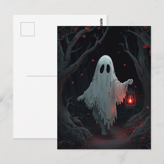 A white ghost holding a red lantern in a hamfores briefkaart (Voorkant / Achterkant)