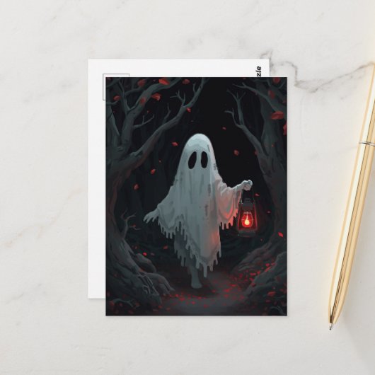 A white ghost holding a red lantern in a hamfores briefkaart (Voorkant / Achterkant in situ)