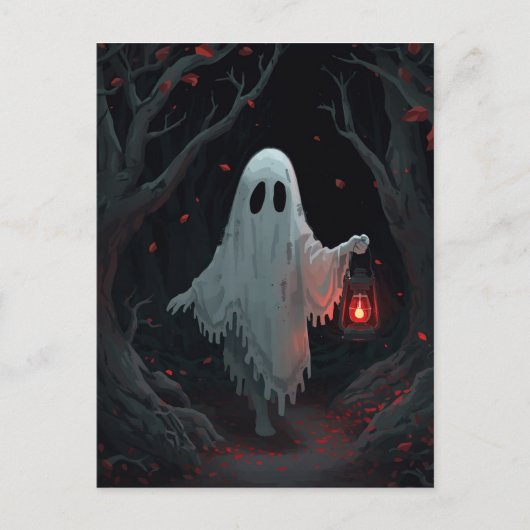 A white ghost holding a red lantern in a hamfores briefkaart (Voorkant)