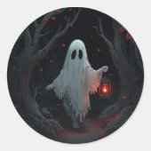 A white ghost holding a red lantern in a hamfores ronde sticker (Voorkant)
