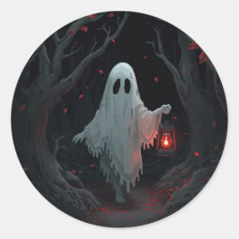 A white ghost holding a red lantern in a hamfores ronde sticker