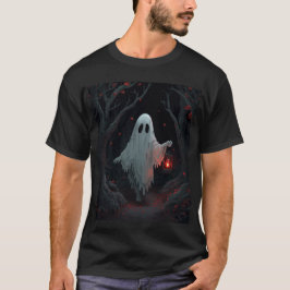 A white ghost holding a red lantern in a hamfores t-shirt