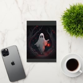 A white ghost holding a red lantern with red leave folie wenskaart