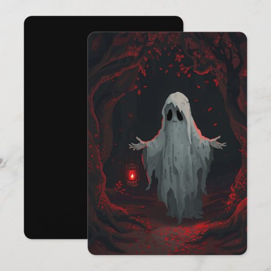 A white ghost holding a red lantern with red leave kaart (Voorkant / Achterkant)