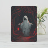 A white ghost holding a red lantern with red leave kaart (Staand voorkant)