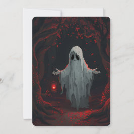 A white ghost holding a red lantern with red leave kaart