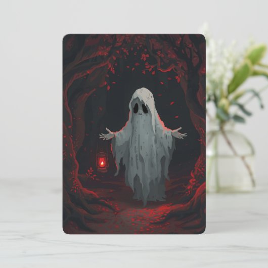 A white ghost holding a red lantern with red leave kaart (Staand voorkant)