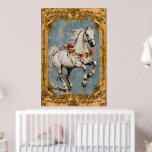 A white horse adorned with a garland of flowers,   poster<br><div class="desc">A white horse adorned with a garland of flowers, all within a vintage-style gold frame. Subject: A white horse with a flowing mane and colorful flowers around its neck. Style: Decorative poster or AI-generated illustration, often used for graphic elements or interior design. Frame: The horse is surrounded by an ornamental...</div>