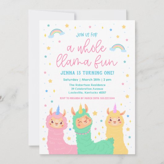 A Whole Llama Fun Rainbow en Stars Birthday Party Kaart (Voorkant)